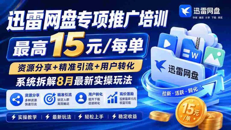 (20079期)迅雷网盘专项推广培训-更新08月——最高15元/每单,资源分享+精准引流+用户转化,系统拆解最新实操玩法-中创网,冒泡网,福缘网创业项目大全-创安网