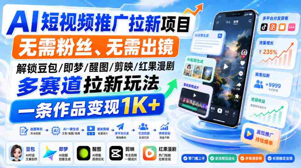AI短视频推广拉新项目，无需粉丝、无需出镜，解锁豆包/即梦/醒图/剪映/红果漫剧多赛道拉新玩法，一条作品变现1K+