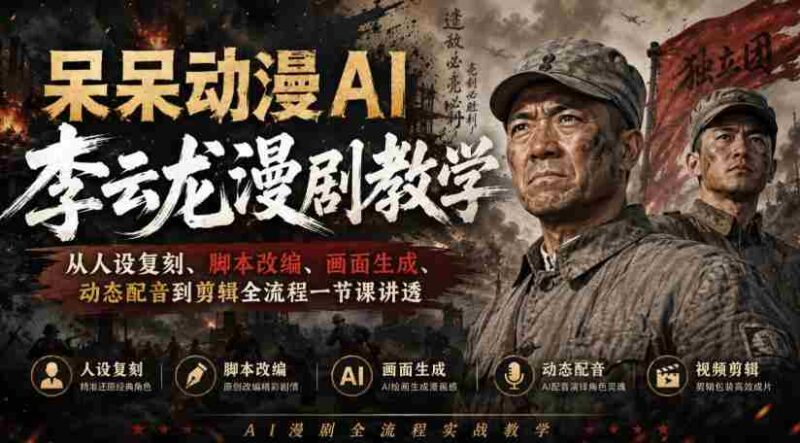 呆呆动漫AI李云龙漫剧教学，从人设复刻、脚本改编、画面生成、动态配音到剪辑全流程一节课讲透-中创网,冒泡网,福缘网创业项目大全-创安网