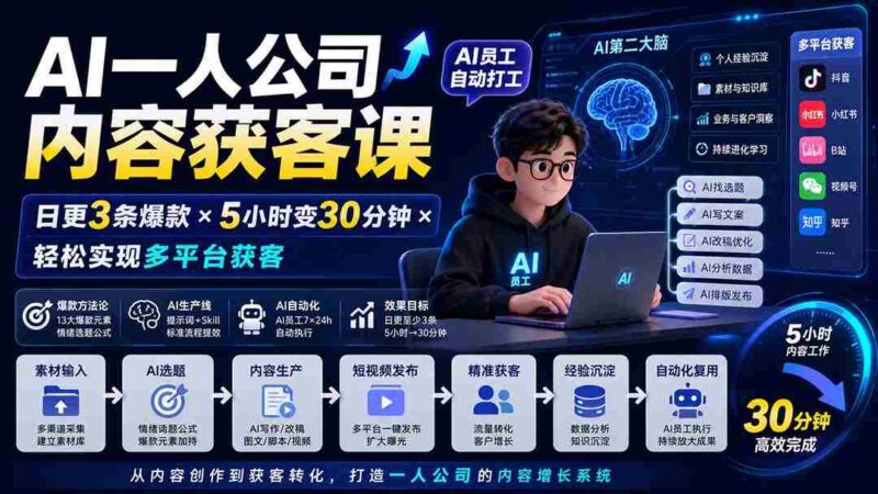 (20111期)AI一人公司内容获客课-更新8月:日更3条爆款×5小时变30分钟×AI员工自动打工,轻松实现多平台获客-中创网,冒泡网,福缘网创业项目大全-创安网
