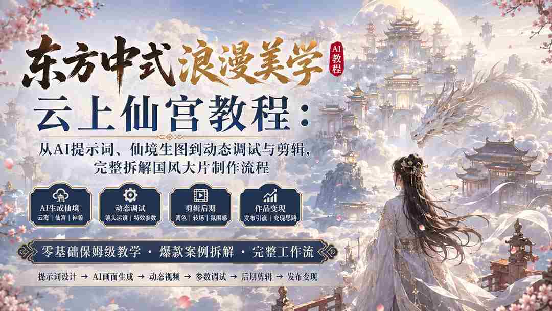 （20147期）东方中式浪漫美学云上仙宫教程：从AI提示词、仙境生图到动态调试与剪辑，完整拆解国风大片制作流程