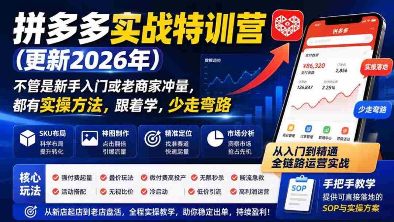 （20092期）拼多多实战特训营(更新26年0827)：不管是新手入门或老商家冲量，都有实操方法，跟着学，少走弯路-中创网,冒泡网,福缘网创业项目大全-创安网