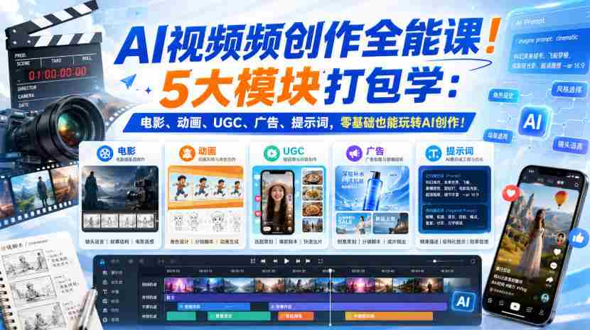 AI视频频创作全能课！5大模块打包学：电影、动画、UGC、广告、提示词，零基础也能玩转AI创作！【原创双语字幕】-中创网,冒泡网,福缘网创业项目大全-创安网
