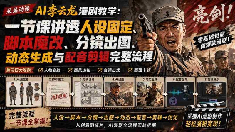 （20107期）呆呆动漫AI李云龙漫剧教学：一节课讲透人设固定、脚本魔改、分镜出图、动态生成与配音剪辑完整流程-中创网,冒泡网,福缘网创业项目大全-创安网