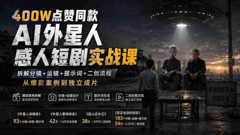 (20052期)400W点赞同款AI外星人感人短剧实战课:拆解分镜+运镜+提示词+二创流程,从爆款案例到独立成片-中创网,冒泡网,福缘网创业项目大全-创安网