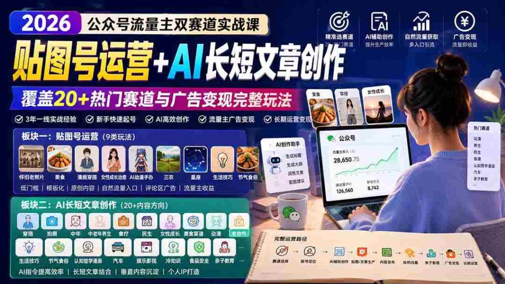 （20153期）公众号流量主双赛道实战课：贴图号运营+AI长短文章创作，覆盖20+热门赛道与广告变现完整玩法