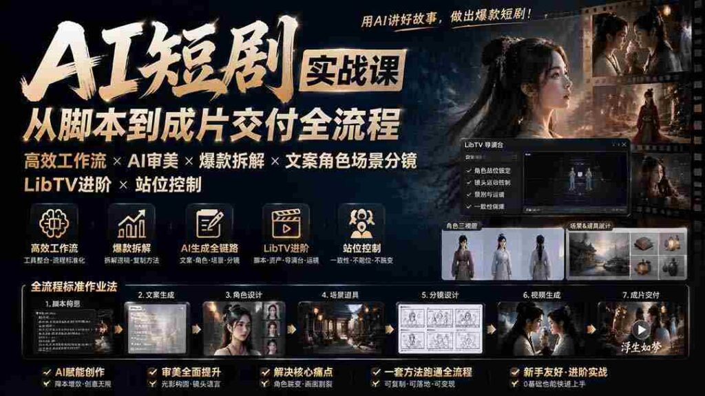 （19717期）AI短剧实战课：高效工作流×AI审美×爆款拆解×文案角色场景分镜×LibTV进阶×站位控制×从脚本到成片交付全流程