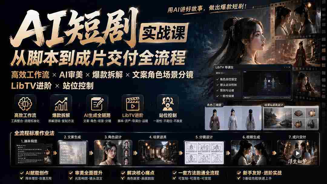 （19717期）AI短剧实战课：高效工作流×AI审美×爆款拆解×文案角色场景分镜×LibTV进阶×站位控制×从脚本到成片交付全流程