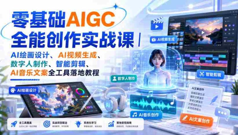 零基础AIGC全能创作实战课｜AI绘画设计、AI视频生成、数字人制作、智能剪辑、AI音乐文案全工具落地教程-中创网,冒泡网,福缘网创业项目大全-创安网