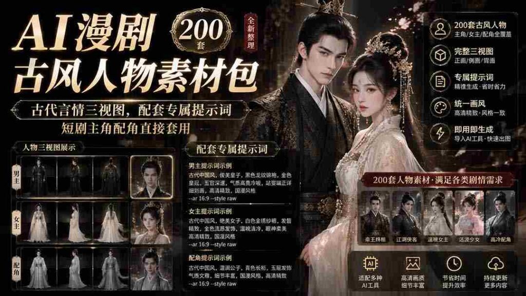 （19693期）AI漫剧古风人物素材包+提示词｜200 套古代言情三视图，配套专属提示词短剧主角配角直接套用