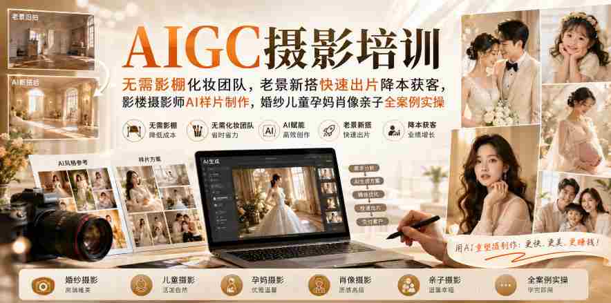 AIGC摄影培训｜无需影棚化妆团队，老景新搭快速出片降本获客，影楼摄影师AI样片制作，婚纱儿童孕妈肖像亲子全案例实操