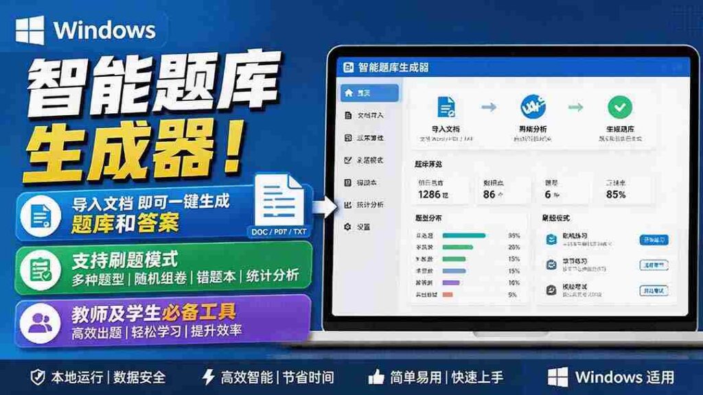 （19855期）Windows 智能题库刷题软件！导入文档一键生成题库和答案，并支持刷题模式，教师及学生必备工具 原创