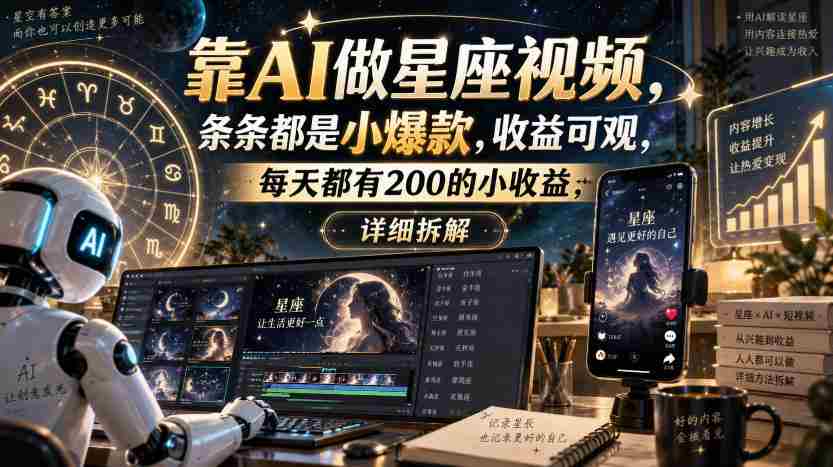 靠AI做星座视频，条条都是小爆款，收益可观，每天都有200的小收益，详细拆解