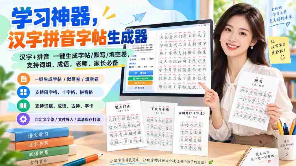 （20299期）学习神器，汉字拼音字帖生成器，汉字+拼音 一键生成字帖/默写/填空卷，支持词组、成语，老师、家长必备