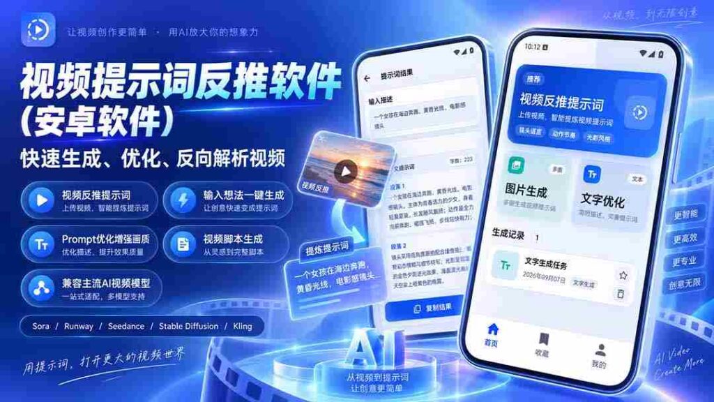 （20301期）视频提示词反推软件（安卓软件），快速生成、优化、反向解析视频
