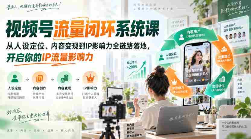 视频号流量闭环系统课，从人设定位、内容变现到IP影响力全链路落地，开启你的IP流量影响力