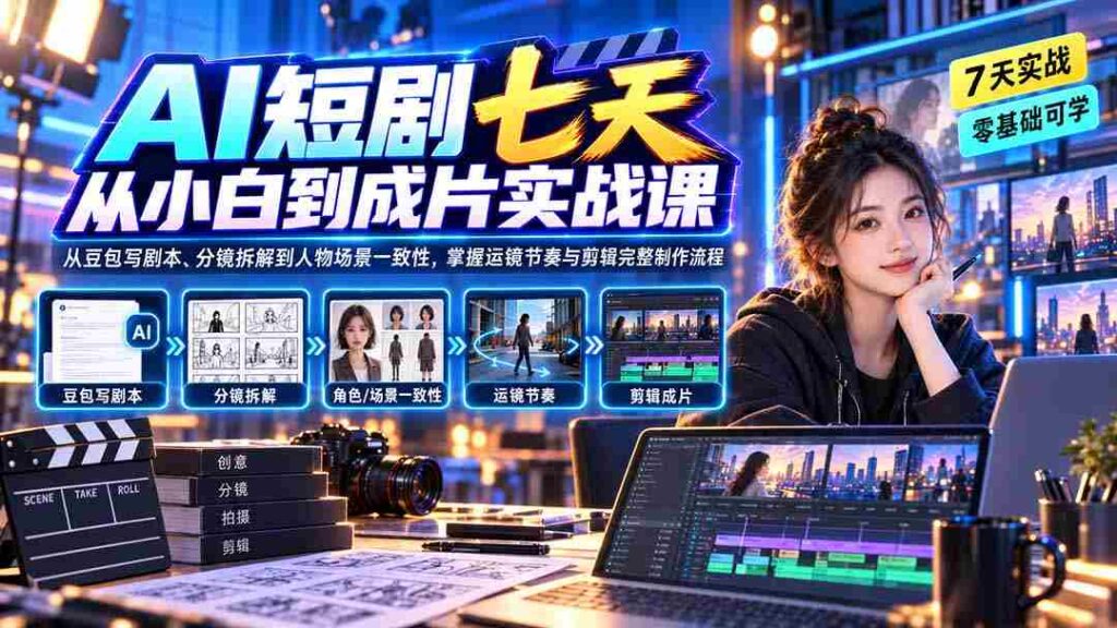 （20329期）AI短剧七天从小白到成片实战课：从豆包写剧本、分镜拆解到人物场景一致性，掌握运镜节奏与剪辑完整制作流程