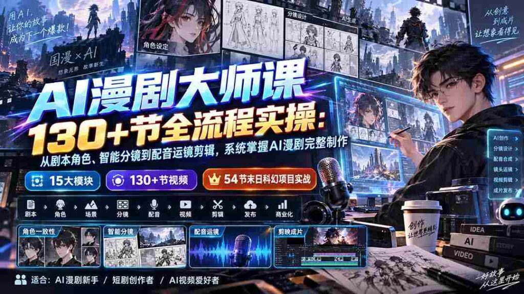 （20326期）AI漫剧大师课130+节全流程实操：从剧本角色、智能分镜到配音运镜剪辑，系统掌握AI漫剧完整制作