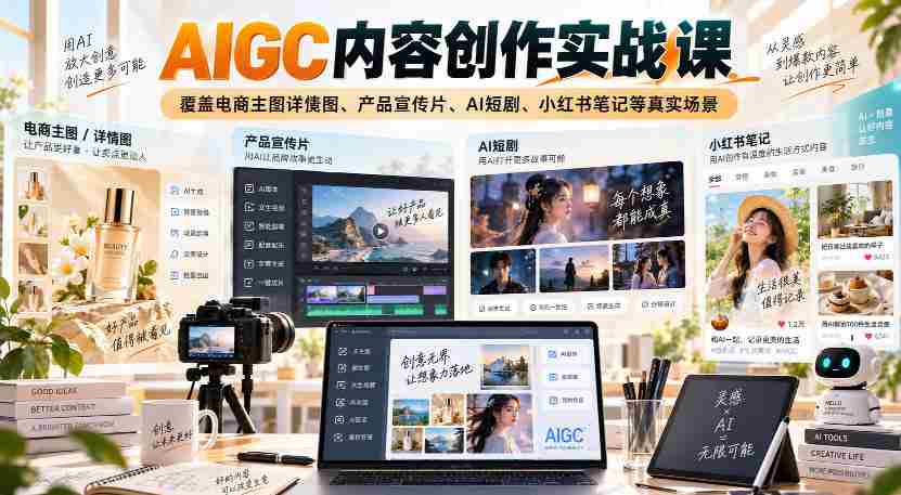AIGC内容创作实战课，覆盖电商主图详情图、产品宣传片、AI短剧、小红书笔记等真实场景
