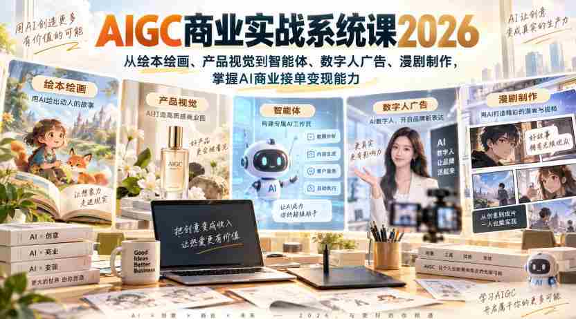 AIGC商业实战系统课2026，从绘本绘画、产品视觉到智能体、数字人广告、漫剧制作，掌握AI商业接单变现能力