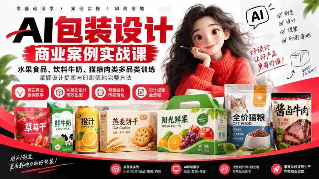 AI包装设计商业案例实战课：水果食品、饮料牛奶、猫粮肉类多品类训练，掌握设计提案与印刷落地完整方法