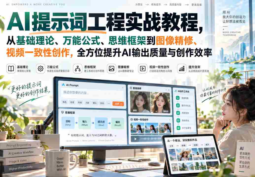 AI提示词工程实战教程，从基础理论、万能公式、思维框架到图像精修、视频一致性创作，全方位提升AI输出质量与创作效率