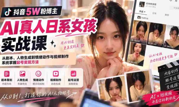 抖音5W粉博主AI真人日系女孩实战课：从剧本、人物生成到情绪动作与视频制作，系统掌握起号变现方法