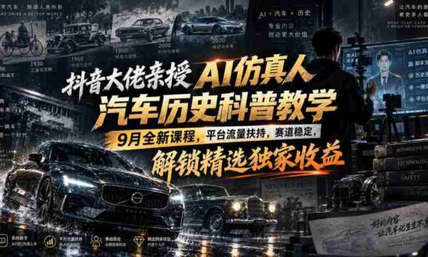 抖音大佬亲授AI仿真人汽车历史科普教学，9月全新课程，平台流量扶持，赛道稳定，解锁精选独家收益
