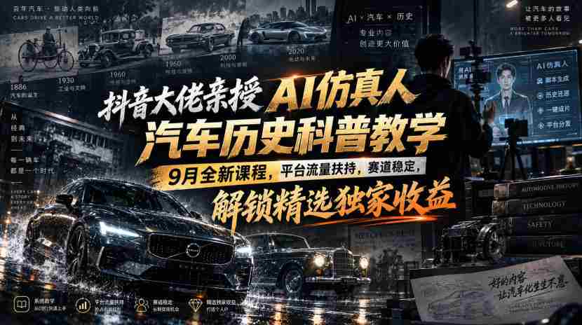 抖音大佬亲授AI仿真人汽车历史科普教学，9月全新课程，平台流量扶持，赛道稳定，解锁精选独家收益