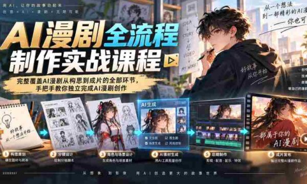 AI漫剧全流程制作实战课程，完整覆盖AI漫剧从构思到成片的全部环节，手把手教你独立完成AI漫剧创作