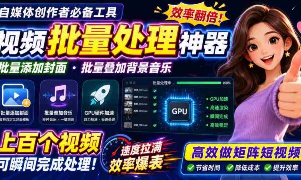 视频批量加封面，把封面添加到视频第一帧，不用剪辑软件批量添加