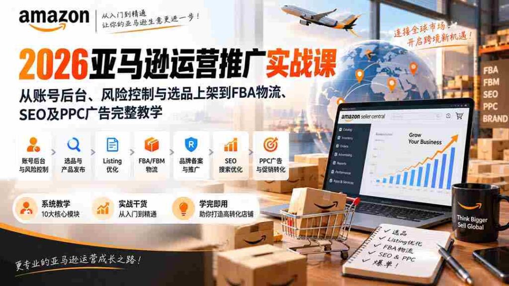 2026亚马逊运营推广实战课：从账号后台、风险控制与选品上架到FBA物流、SEO及PPC广告完整教学