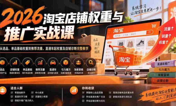 2026淘宝店铺权重与推广实战课：从选品、单品基础权重到推荐流量、直通车起权重及店铺诊断完整教学