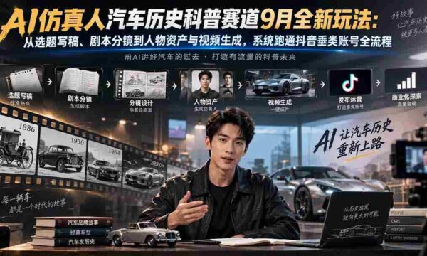 AI仿真人汽车历史科普赛道9月全新玩法：从选题写稿、剧本分镜到人物资产与视频生成，系统跑通抖音垂类账号全流程