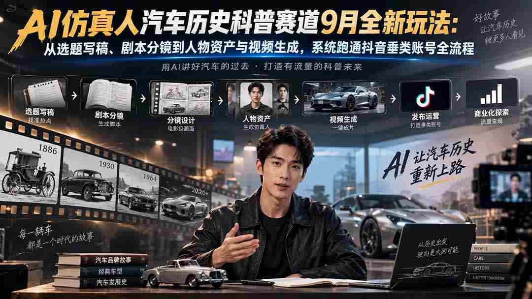 AI仿真人汽车历史科普赛道9月全新玩法：从选题写稿、剧本分镜到人物资产与视频生成，系统跑通抖音垂类账号全流程