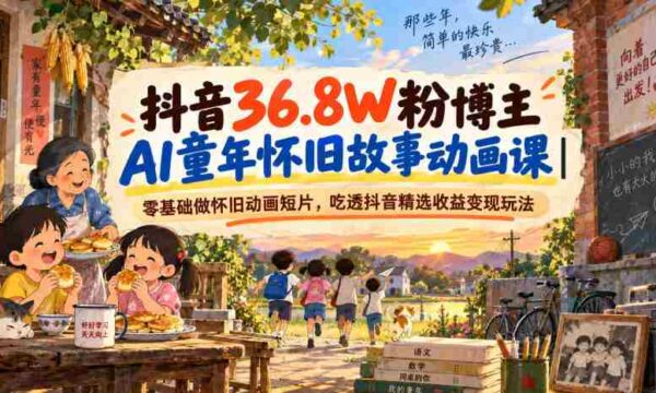 抖音36.8W粉博主AI童年怀旧故事动画课｜零基础做怀旧动画短片，吃透抖音精选收益变现玩法