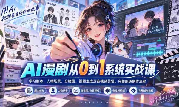 AI漫剧从0到1系统实战课：学习剧本、人物场景、分镜图、视频生成及音视频剪辑，完整跑通制作流程