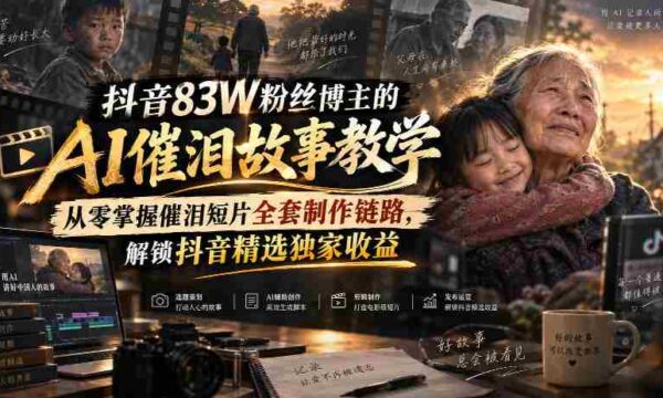 抖音83W粉丝博主的AI催泪故事教学，从零掌握催泪短片全套制作链路，解锁抖音精选独家收益