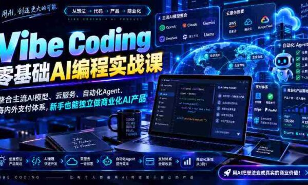 Vibe Coding零基础AI编程实战课-无水印，整合主流AI模型、云服务、自动化Agent、海内外支付体系，新手也能独立做商业化AI产品