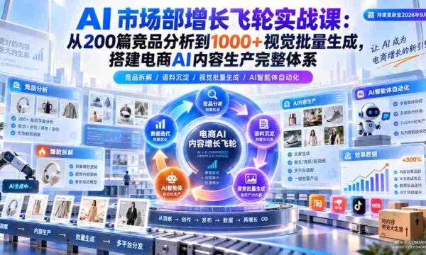 AI 市场部增长飞轮实战课：从200篇竞品分析到1000+视觉批量生成，搭建电商AI内容生产完整体系