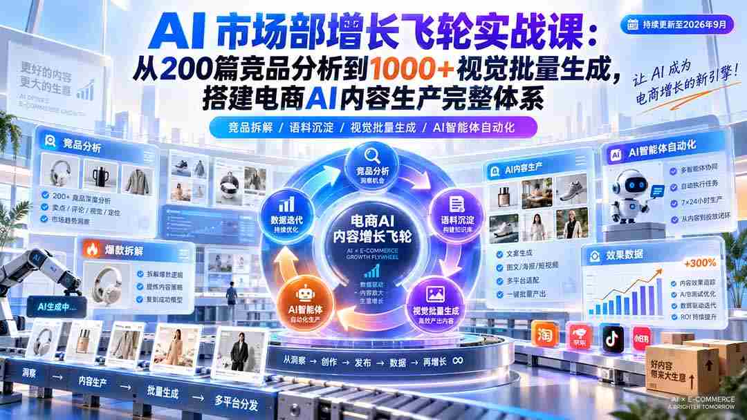 AI 市场部增长飞轮实战课：从200篇竞品分析到1000+视觉批量生成，搭建电商AI内容生产完整体系