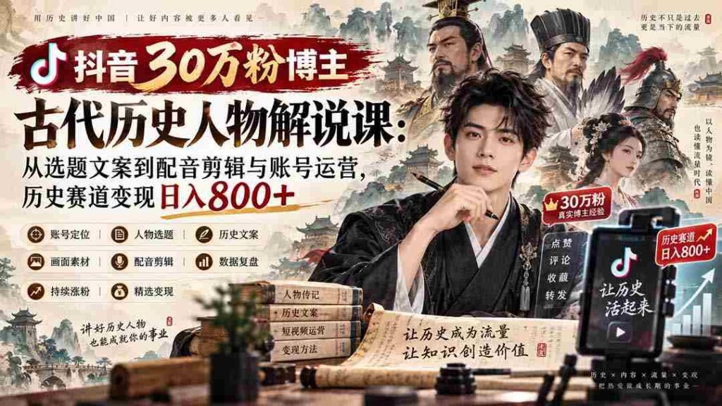 抖音30万粉博主古代历史人物解说课：从选题文案到配音剪辑与账号运营，历史赛道变现日入800+
