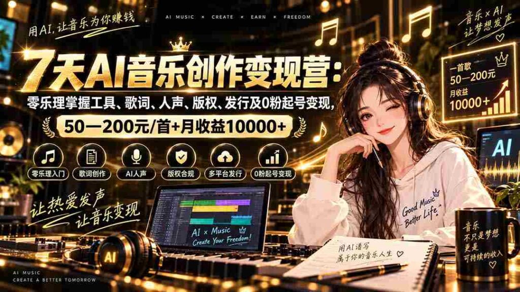 AI音乐创作变现营：零乐理掌握工具、歌词、人声、版权、发行及0粉起号变现，50—200元/首+月收益10000+