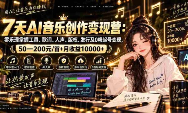 AI音乐创作变现营：零乐理掌握工具、歌词、人声、版权、发行及0粉起号变现，50—200元/首+月收益10000+