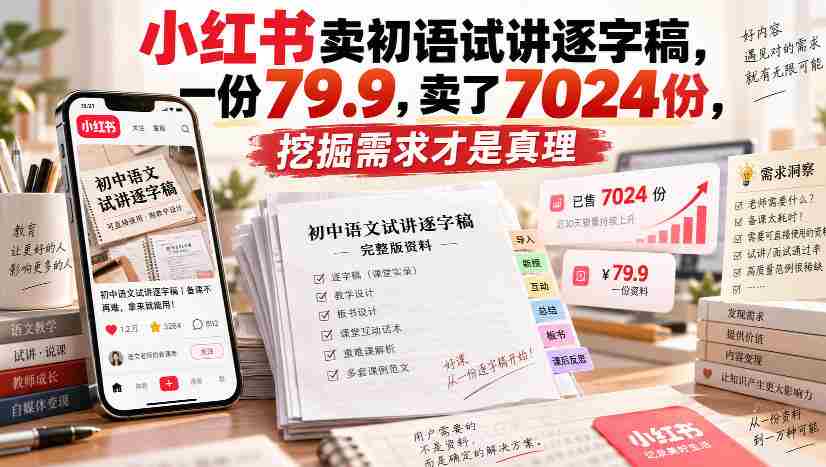 小红书卖初语试讲逐字稿，一份79.9，卖了7024份，挖掘需求才是真理