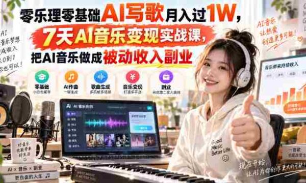 零乐理零基础AI写歌月入过1W，7天AI音乐变现实战课，把AI音乐做成被动收入副业