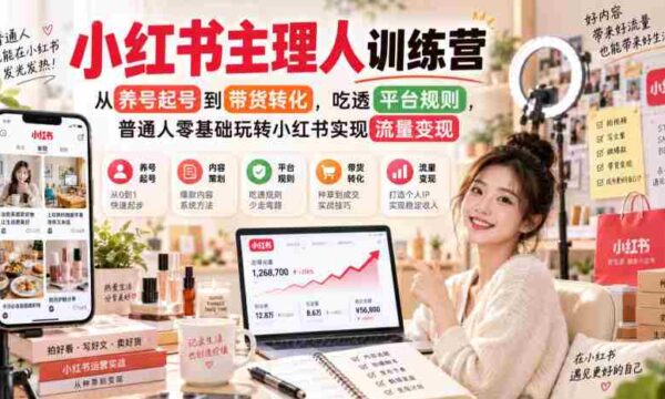 小红书主理人训练营，从养号起号到带货转化，吃透平台规则，普通人零基础玩转小红书实现流量变现