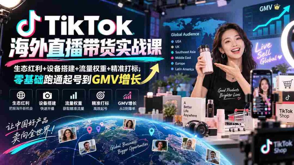 TikTok海外直播带货实战课｜生态红利+设备搭建+流量权重+精准打标，零基础跑通起号到GMV增长