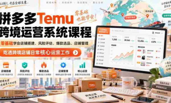 Temu跨境拼多多运营系统课程，零基础学会店铺搭建、风险评估、爆款选品、店铺管理，吃透跨境店铺日常核心运营工作