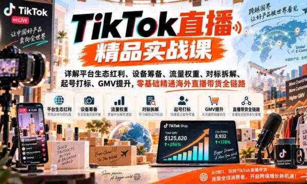 TikTok直播精品实战课，详解平台生态红利、设备筹备、流量权重、对标拆解、起号打标、GMV提升，零基础精通海外直播带货全链路